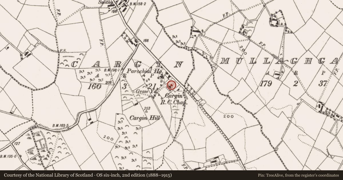 Ordnance Survey six-inch map, 2nd edition (1888–1915) covering the location of Old Sacred Heart Roman Catholic Church, Cargin, Antrim and Newtownabbey, with a pin at the register's coordinates