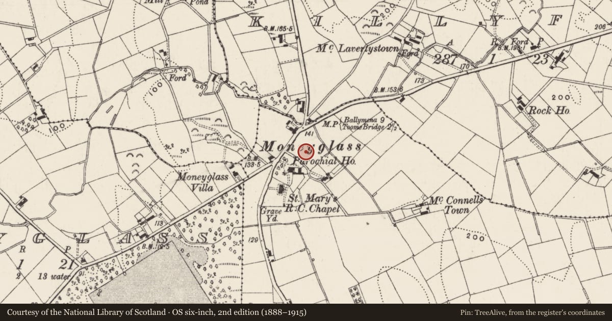 Ordnance Survey six-inch map, 2nd edition (1888–1915) covering the location of Our Lady of Lourdes, Antrim and Newtownabbey, with a pin at the register's coordinates