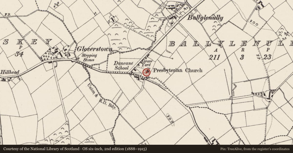 Ordnance Survey six-inch map, 2nd edition (1888–1915) covering the location of Duneane Presbyterian Church, Ballylenully, Antrim and Newtownabbey, with a pin at the register's coordinates