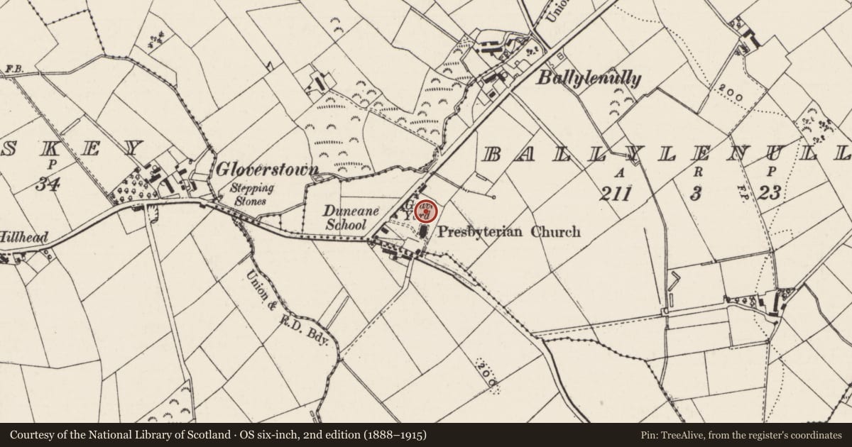 Ordnance Survey six-inch map, 2nd edition (1888–1915) covering the location of Carey Memorial, Ballylenully, Antrim and Newtownabbey, with a pin at the register's coordinates