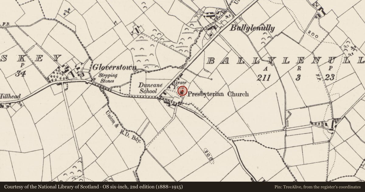 Ordnance Survey six-inch map, 2nd edition (1888–1915) covering the location of Hall (Former Church), Duneane Presbyterian Church, Gloverstown Road, Toomebridge, Co Antrim, BT41 3RB, Ballylenulley, Antrim and Newtownabbey, with a pin at the register's coordinates