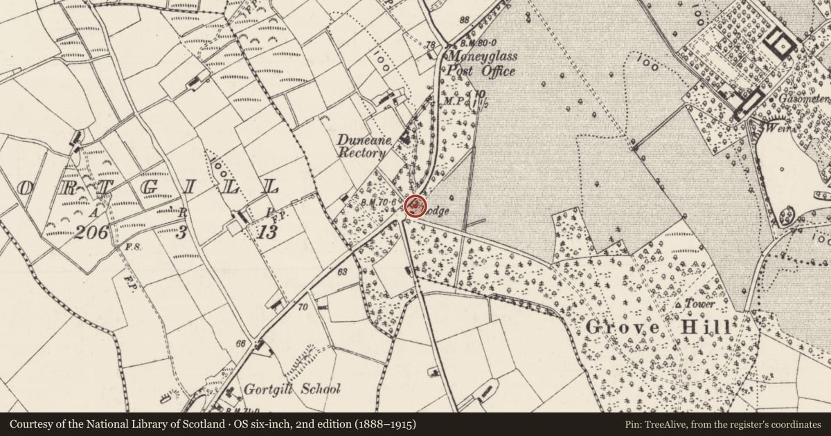 Ordnance Survey six-inch map, 2nd edition (1888–1915) covering the location of 73 Roguery Road, Moneyglass, Antrim and Newtownabbey, with a pin at the register's coordinates