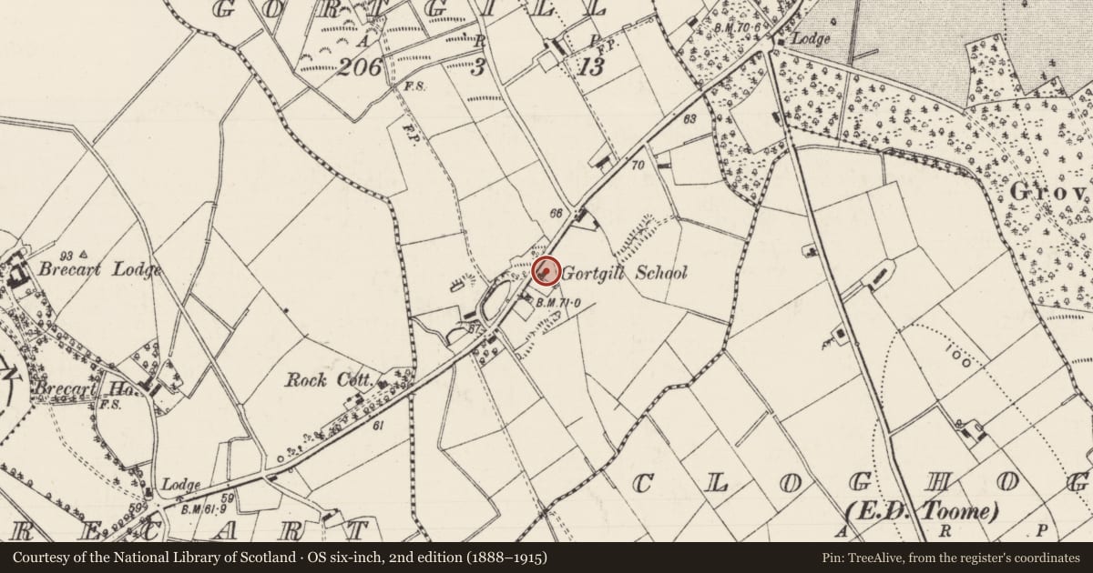 Ordnance Survey six-inch map, 2nd edition (1888–1915) covering the location of Drumraymond Community Hall, Gortgill, Antrim and Newtownabbey, with a pin at the register's coordinates