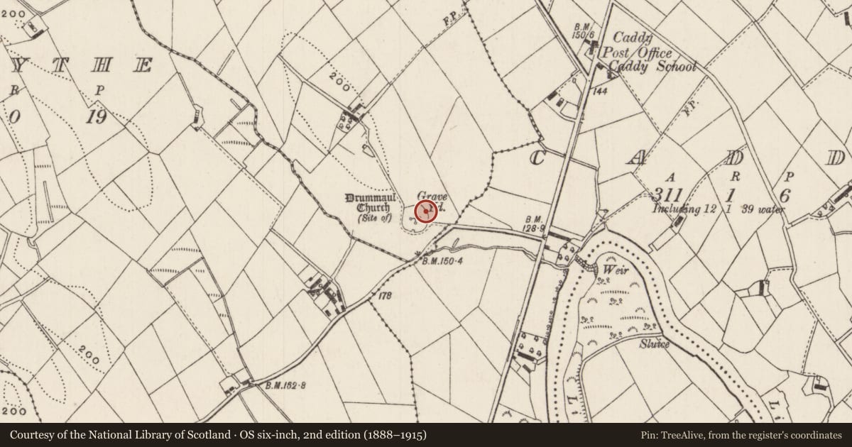 Ordnance Survey six-inch map, 2nd edition (1888–1915) covering the location of Drummaul Old Graveyard, Antrim and Newtownabbey, with a pin at the register's coordinates