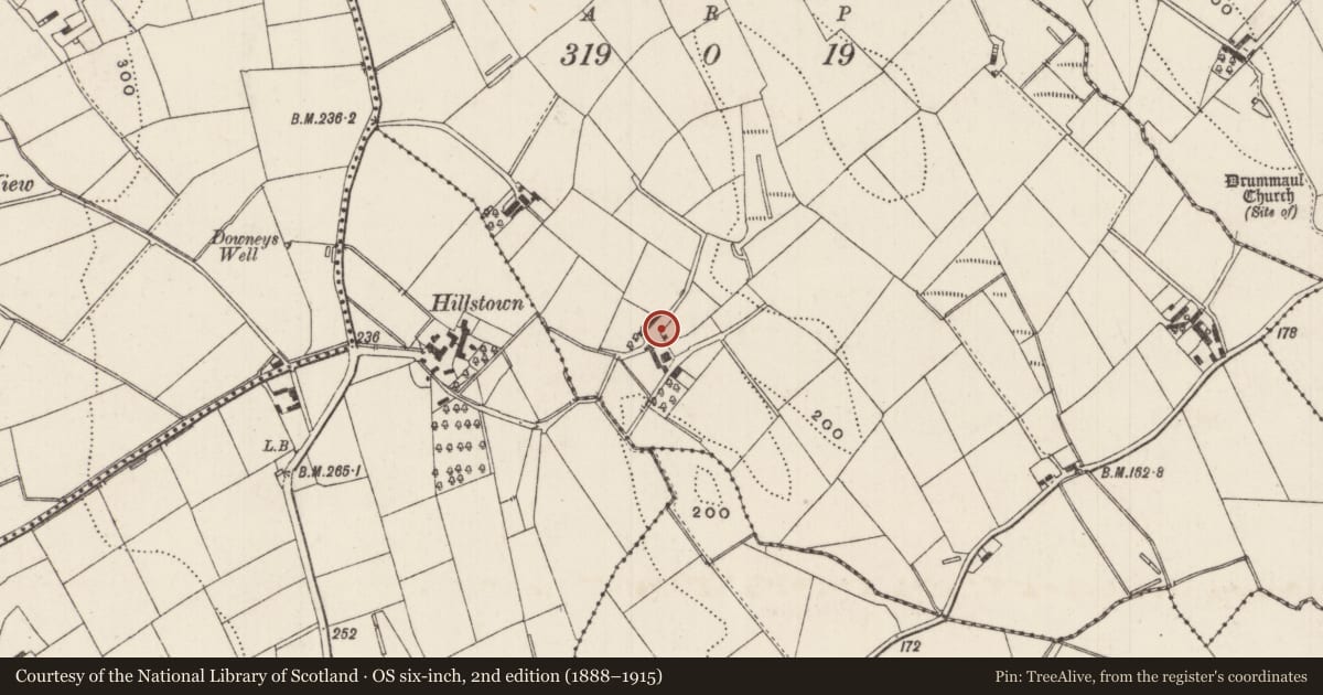 Ordnance Survey six-inch map, 2nd edition (1888–1915) covering the location of 169 Ahoghill Road, Coolsythe, Antrim and Newtownabbey, with a pin at the register's coordinates