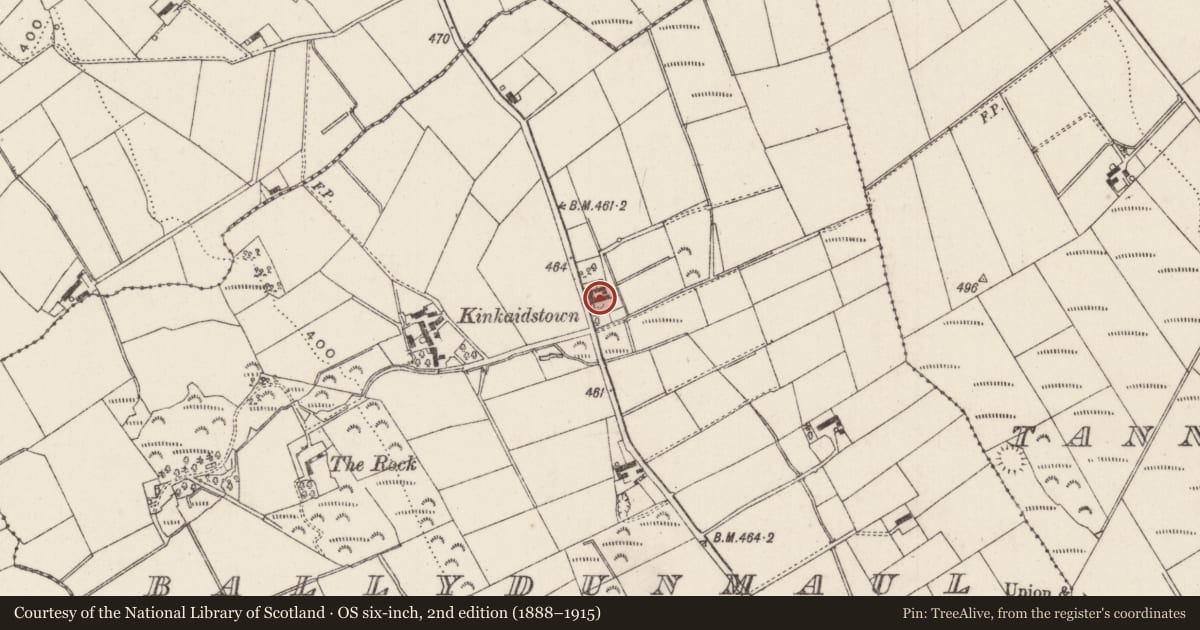 Ordnance Survey six-inch map, 2nd edition (1888–1915) covering the location of 61 Clonkeen Road, Ballydunmaul, Antrim and Newtownabbey, with a pin at the register's coordinates