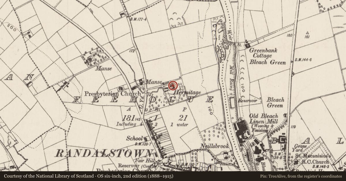 Ordnance Survey six-inch map, 2nd edition (1888–1915) covering the location of The Hermitage, Feehogue, Antrim and Newtownabbey, with a pin at the register's coordinates