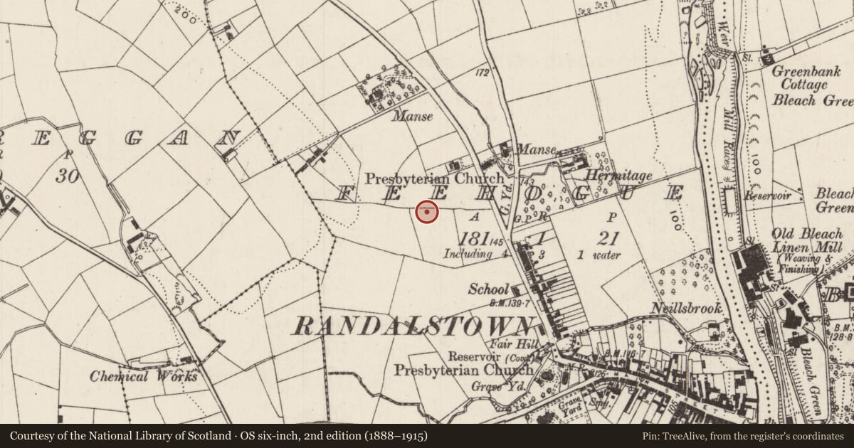 Ordnance Survey six-inch map, 2nd edition (1888–1915) covering the location of The Hill, Feehogue, Antrim and Newtownabbey, with a pin at the register's coordinates