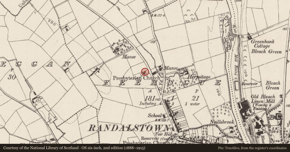 Ordnance Survey six-inch map, 2nd edition (1888–1915) covering the location of Fern Bank, Feehogue, Antrim and Newtownabbey, with a pin at the register's coordinates