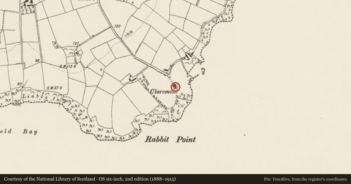 Ordnance Survey six-inch map, 2nd edition (1888–1915) covering the location of Claremont Cottage, Cranfield, Antrim and Newtownabbey, with a pin at the register's coordinates