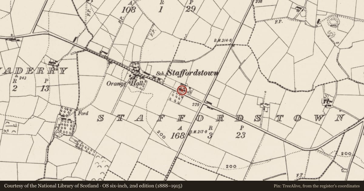 Ordnance Survey six-inch map, 2nd edition (1888–1915) covering the location of Public House, Staffordstown, Antrim and Newtownabbey, with a pin at the register's coordinates