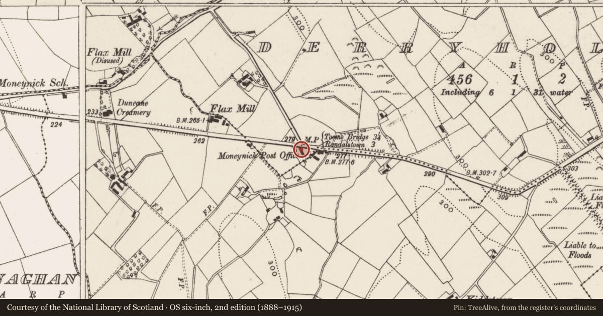 Ordnance Survey six-inch map, 2nd edition (1888–1915) covering the location of Moneynick Post Office, Antrim and Newtownabbey, with a pin at the register's coordinates