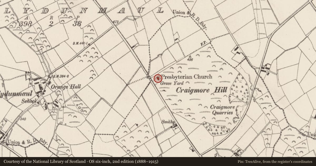 Ordnance Survey six-inch map, 2nd edition (1888–1915) covering the location of Craigmore Presbyterian Church, Antrim and Newtownabbey, with a pin at the register's coordinates