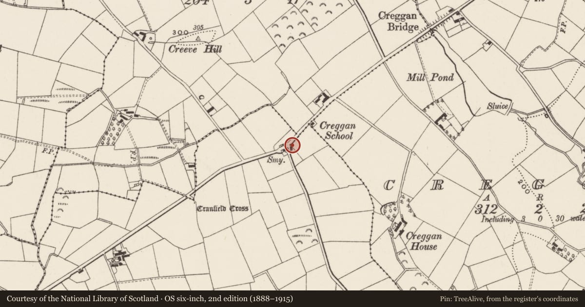 Ordnance Survey six-inch map, 2nd edition (1888–1915) covering the location of 124 Staffordstown Road, Cranfield, Antrim and Newtownabbey, with a pin at the register's coordinates