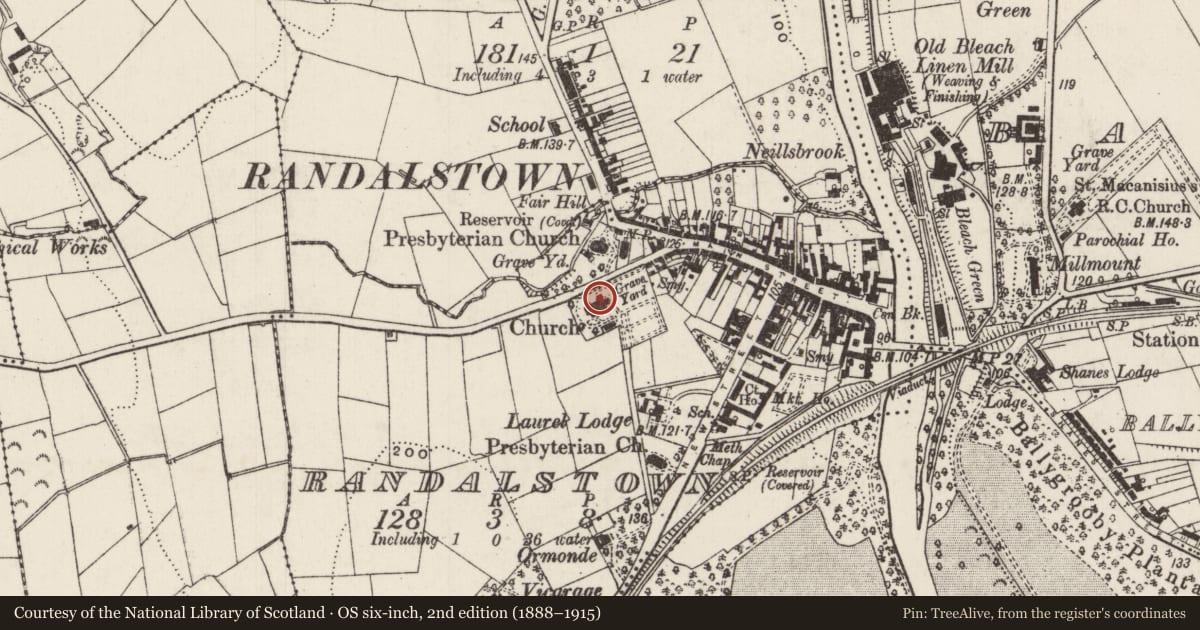 Ordnance Survey six-inch map, 2nd edition (1888–1915) covering the location of Drummaul Parish Church, Randalstown, Antrim and Newtownabbey, with a pin at the register's coordinates