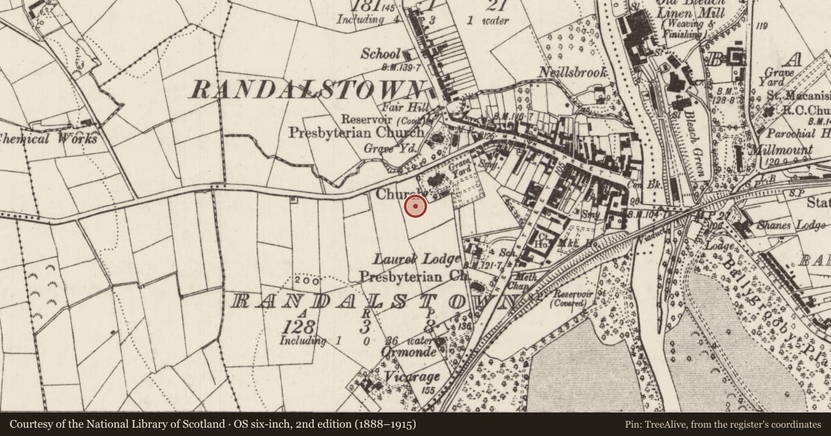 Ordnance Survey six-inch map, 2nd edition (1888–1915) covering the location of Randalstown Central Primary School, Antrim and Newtownabbey, with a pin at the register's coordinates