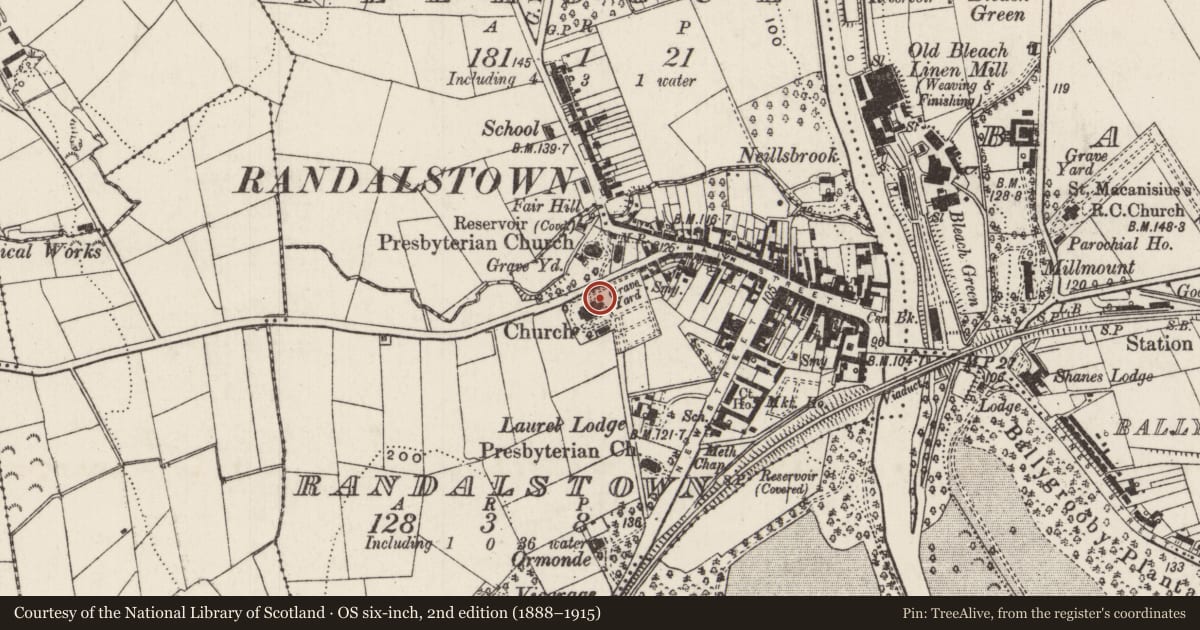 Ordnance Survey six-inch map, 2nd edition (1888–1915) covering the location of O'Neill Vault, Randalstown, Antrim and Newtownabbey, with a pin at the register's coordinates