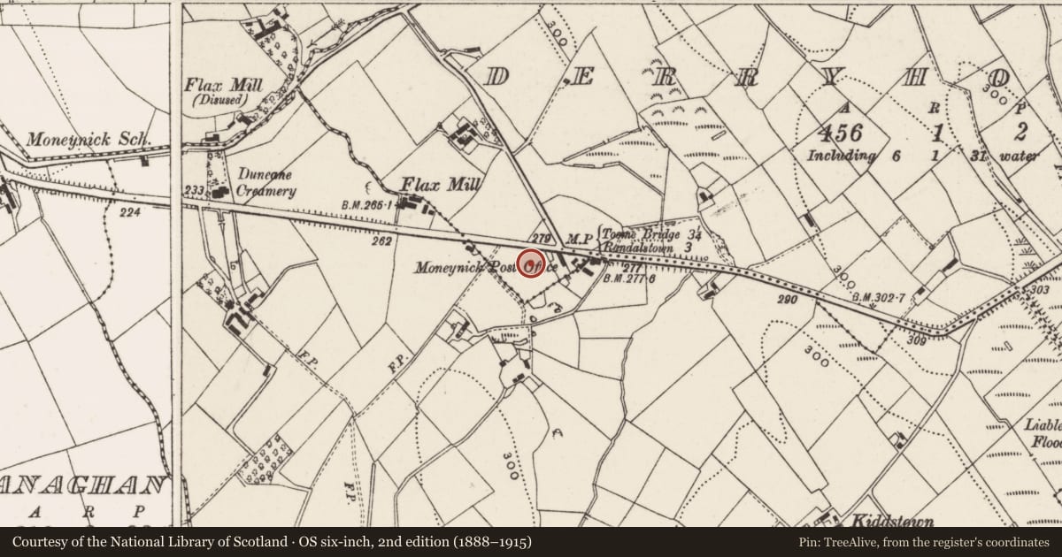 Ordnance Survey six-inch map, 2nd edition (1888–1915) covering the location of Moneynick Primary School, Toome, Antrim and Newtownabbey, with a pin at the register's coordinates