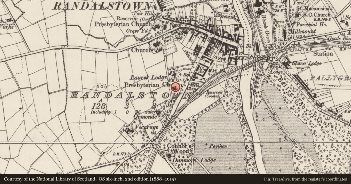 Ordnance Survey six-inch map, 2nd edition (1888–1915) covering the location of First Presbyterian Church, Randalstown, Antrim and Newtownabbey, with a pin at the register's coordinates