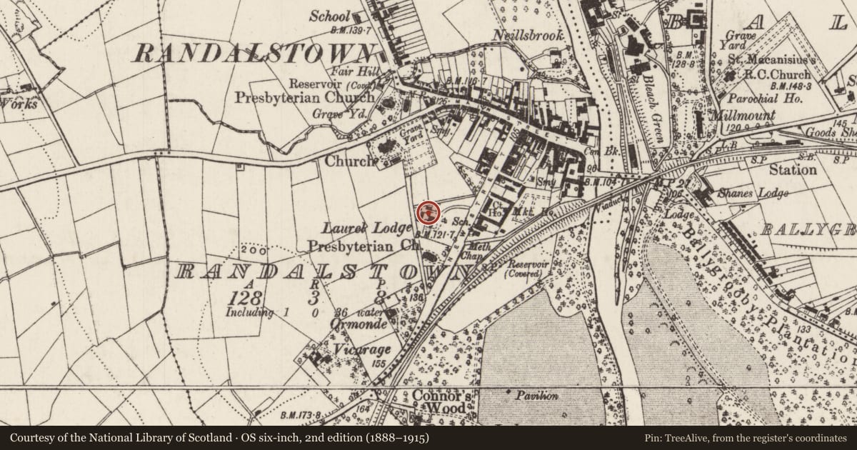 Ordnance Survey six-inch map, 2nd edition (1888–1915) covering the location of Drummaul House, Randalstown, Antrim and Newtownabbey, with a pin at the register's coordinates