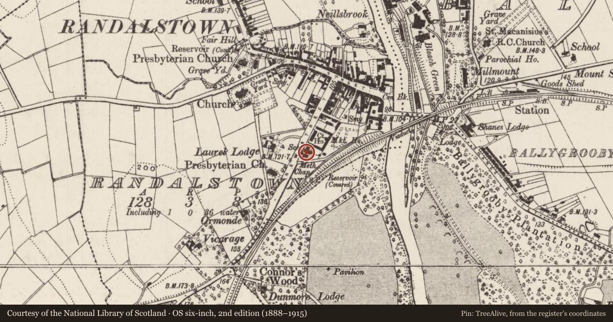Ordnance Survey six-inch map, 2nd edition (1888–1915) covering the location of Methodist Church, Randalstown, Antrim and Newtownabbey, with a pin at the register's coordinates