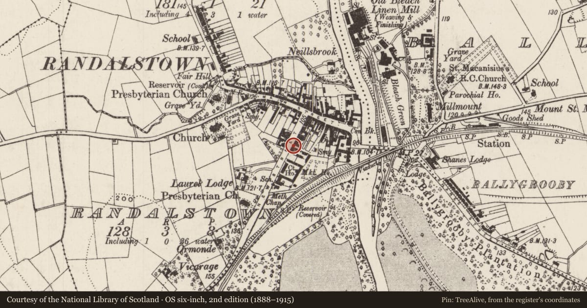 Ordnance Survey six-inch map, 2nd edition (1888–1915) covering the location of 26 New Street, Randalstown, Antrim and Newtownabbey, with a pin at the register's coordinates