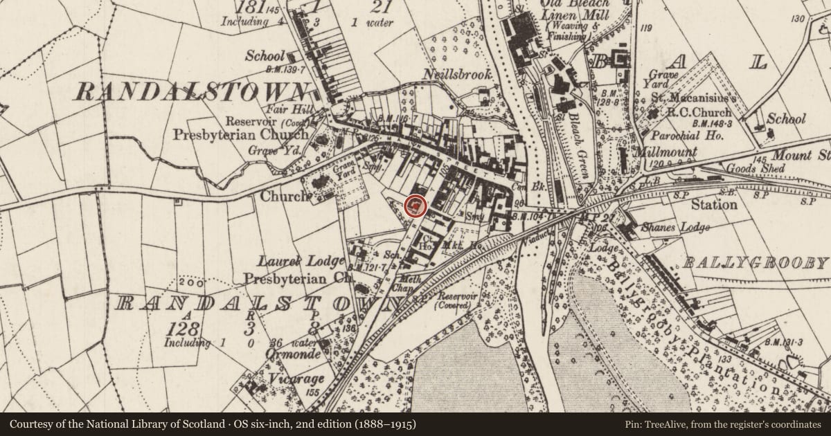 Ordnance Survey six-inch map, 2nd edition (1888–1915) covering the location of 29 New Street, Randalstown, Antrim and Newtownabbey, with a pin at the register's coordinates