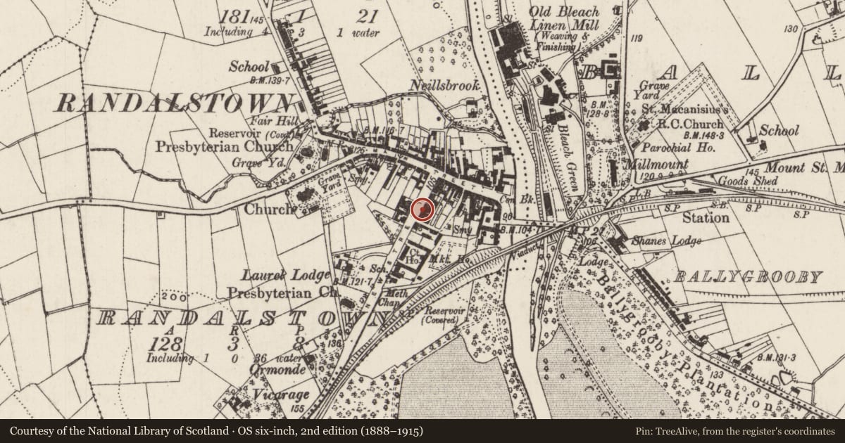 Ordnance Survey six-inch map, 2nd edition (1888–1915) covering the location of The White House, Randalstown, Antrim and Newtownabbey, with a pin at the register's coordinates