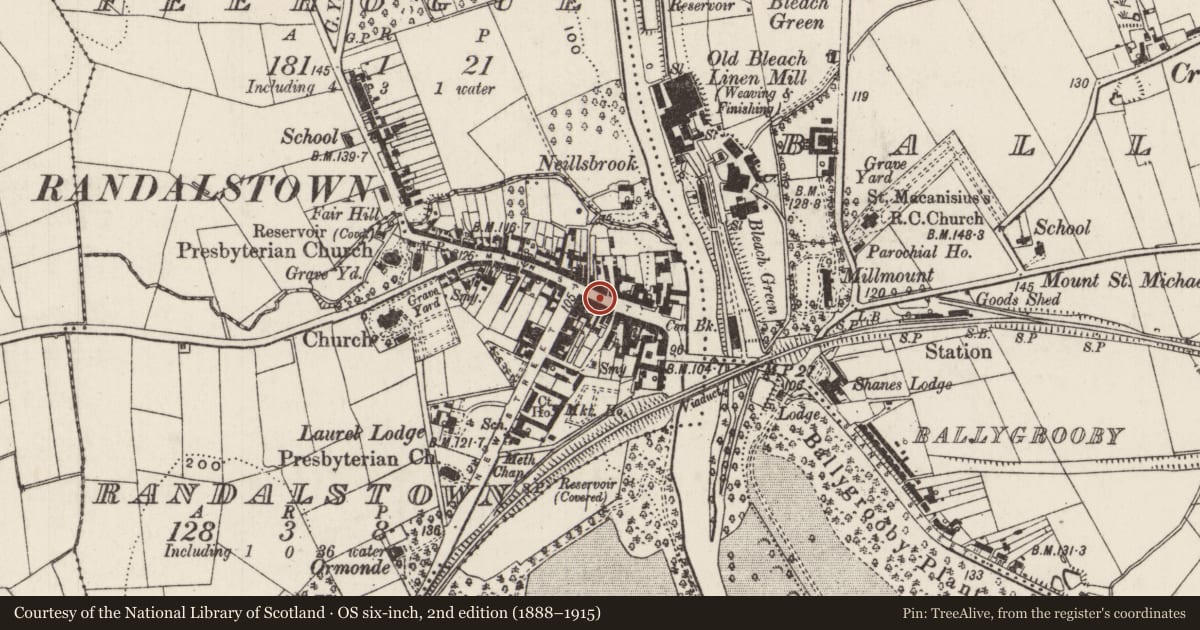 Ordnance Survey six-inch map, 2nd edition (1888–1915) covering the location of 34-40 Main Street, Randalstown, Antrim and Newtownabbey, with a pin at the register's coordinates