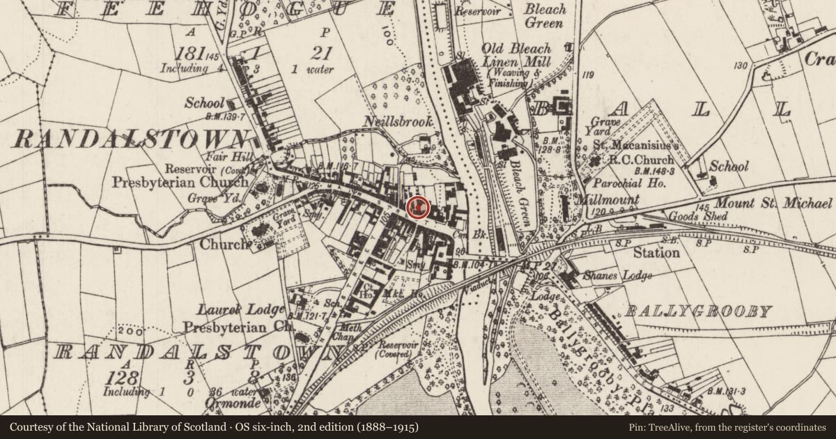 Ordnance Survey six-inch map, 2nd edition (1888–1915) covering the location of 21 Main St., Antrim and Newtownabbey, with a pin at the register's coordinates
