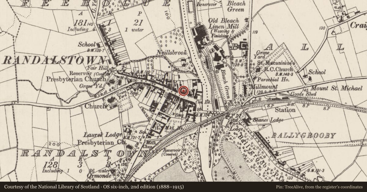 Ordnance Survey six-inch map, 2nd edition (1888–1915) covering the location of 15-19 Main Street, Randalstown, Antrim and Newtownabbey, with a pin at the register's coordinates