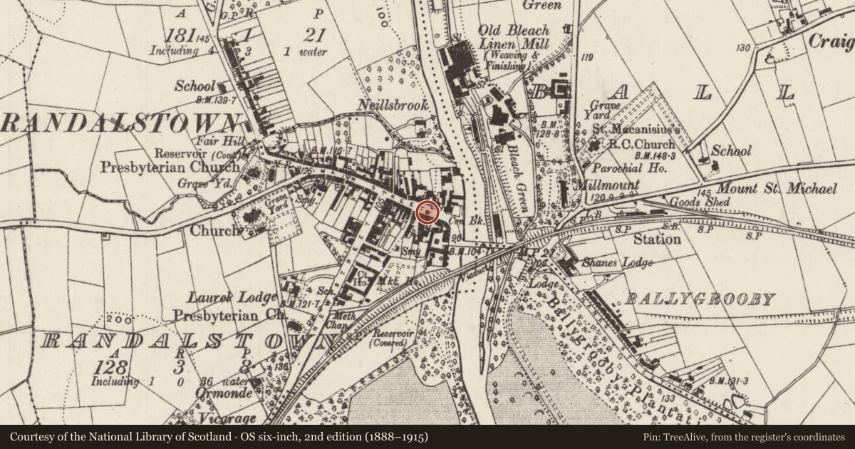 Ordnance Survey six-inch map, 2nd edition (1888–1915) covering the location of 14-20 Main Street, Randalstown, Antrim and Newtownabbey, with a pin at the register's coordinates