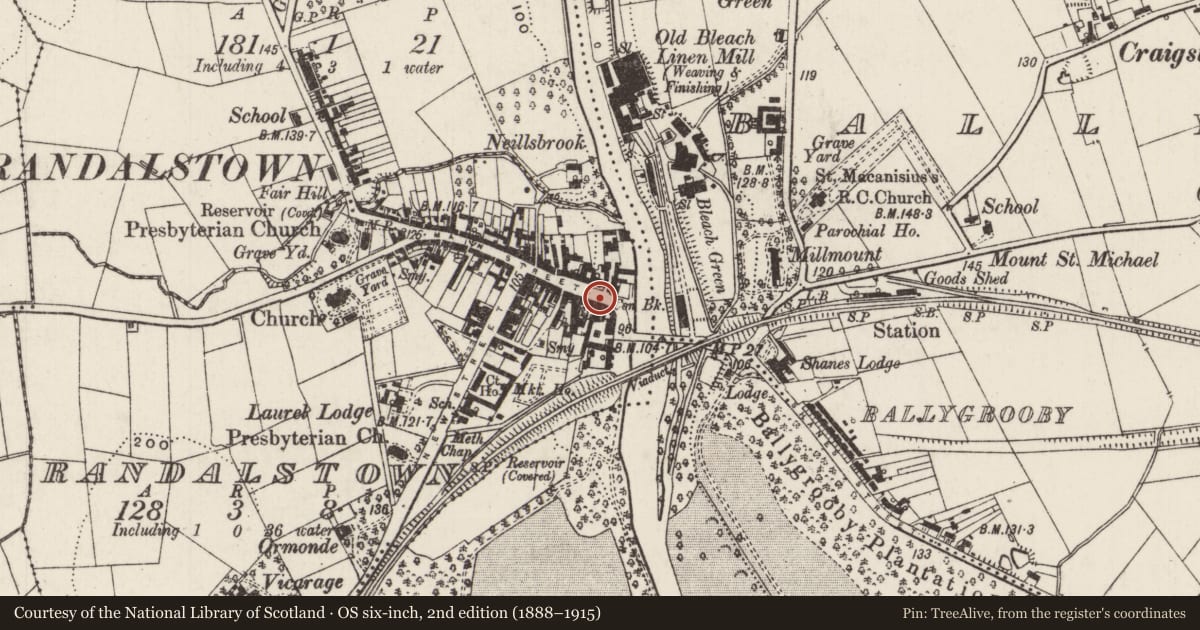 Ordnance Survey six-inch map, 2nd edition (1888–1915) covering the location of 8-12 Main Street, Randalstown, Antrim and Newtownabbey, with a pin at the register's coordinates