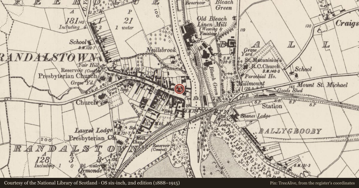 Ordnance Survey six-inch map, 2nd edition (1888–1915) covering the location of Northern Bank, Randalstown, Antrim and Newtownabbey, with a pin at the register's coordinates
