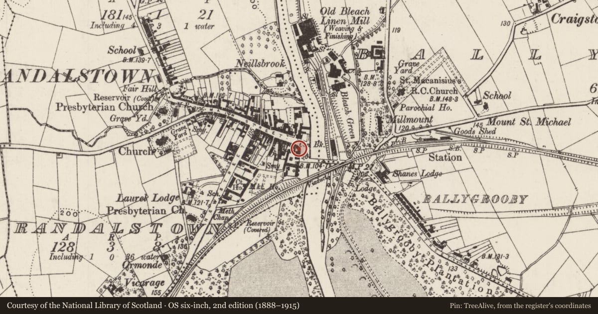 Ordnance Survey six-inch map, 2nd edition (1888–1915) covering the location of 2-6 Main Street, Randalstown, Antrim and Newtownabbey, with a pin at the register's coordinates