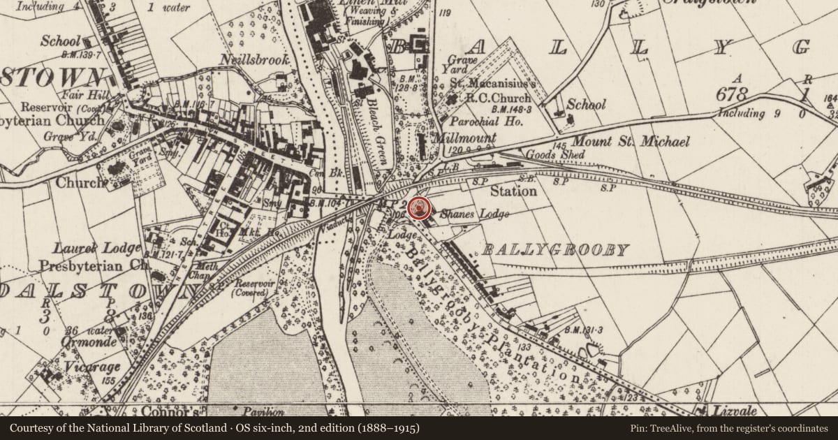 Ordnance Survey six-inch map, 2nd edition (1888–1915) covering the location of 6-10 Shane's Street, Ballygrooby, Antrim and Newtownabbey, with a pin at the register's coordinates
