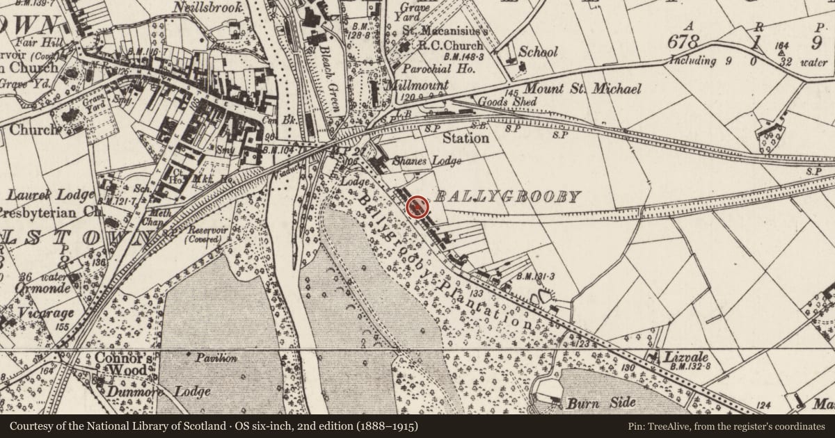 Ordnance Survey six-inch map, 2nd edition (1888–1915) covering the location of 9 Shane's Terrace, Ballygrooby, Antrim and Newtownabbey, with a pin at the register's coordinates