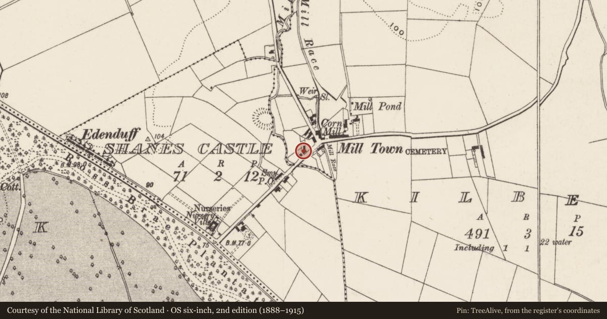 Ordnance Survey six-inch map, 2nd edition (1888–1915) covering the location of 32 Milltown Road, Kilbegs, Antrim and Newtownabbey, with a pin at the register's coordinates