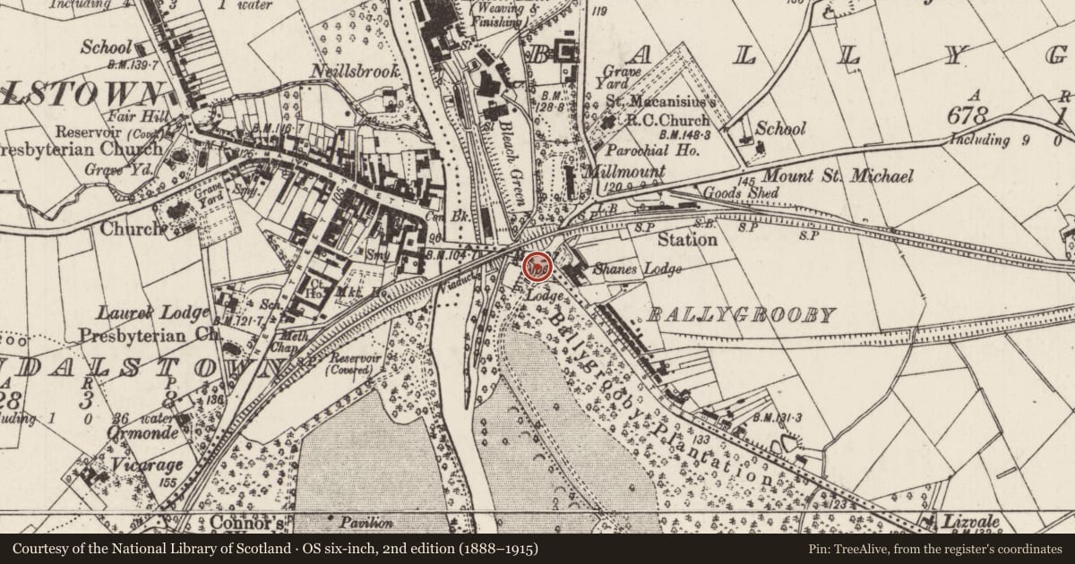 Ordnance Survey six-inch map, 2nd edition (1888–1915) covering the location of Ballygrooby Lodge, Shane's Castle Park, Antrim and Newtownabbey, with a pin at the register's coordinates