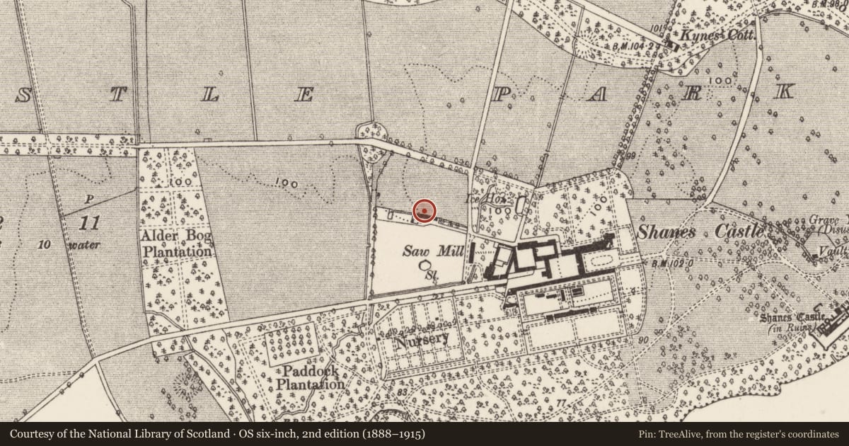 Ordnance Survey six-inch map, 2nd edition (1888–1915) covering the location of Poultry Cottages, Shane's Castle Park, Antrim and Newtownabbey, with a pin at the register's coordinates