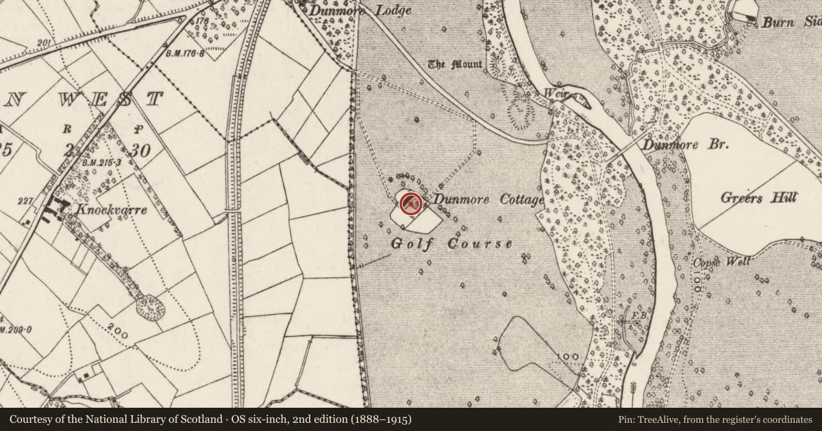 Ordnance Survey six-inch map, 2nd edition (1888–1915) covering the location of Dunmore Cottage, Shane's Castle Park, Antrim and Newtownabbey, with a pin at the register's coordinates