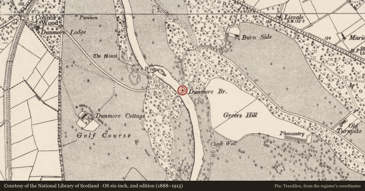 Ordnance Survey six-inch map, 2nd edition (1888–1915) covering the location of Dunmore Bridge, Shane's Castle Park, Antrim and Newtownabbey, with a pin at the register's coordinates
