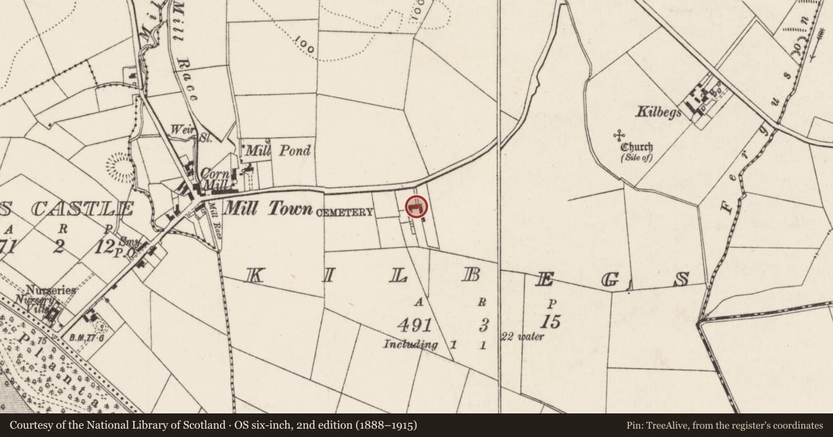 Ordnance Survey six-inch map, 2nd edition (1888–1915) covering the location of Kilbegs House, Antrim and Newtownabbey, with a pin at the register's coordinates