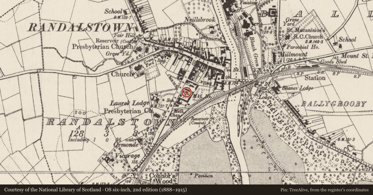 Ordnance Survey six-inch map, 2nd edition (1888–1915) covering the location of Market Square, Randalstown, Antrim and Newtownabbey, with a pin at the register's coordinates