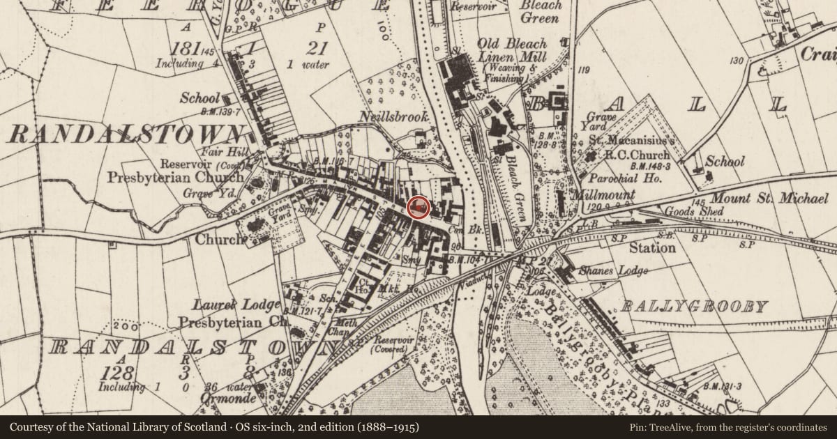 Ordnance Survey six-inch map, 2nd edition (1888–1915) covering the location of Telephone Kiosk, Randalstown, Antrim and Newtownabbey, with a pin at the register's coordinates