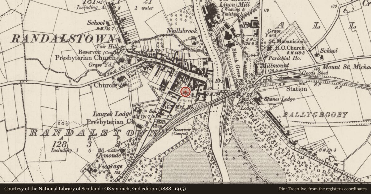 Ordnance Survey six-inch map, 2nd edition (1888–1915) covering the location of The Forge, Randalstown, Antrim and Newtownabbey, with a pin at the register's coordinates