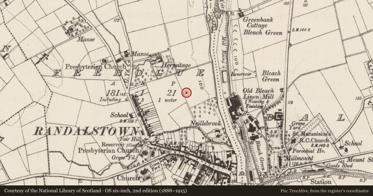 Ordnance Survey six-inch map, 2nd edition (1888–1915) covering the location of Webb Clock Tower, Feehogue, Antrim and Newtownabbey, with a pin at the register's coordinates