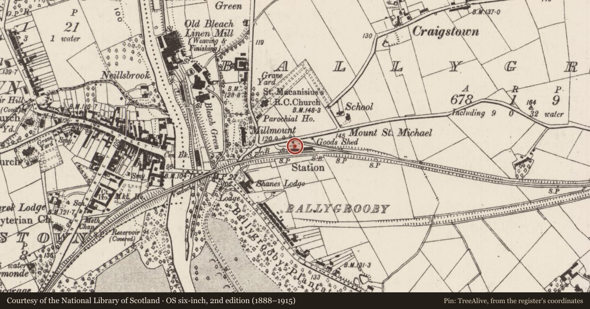 Ordnance Survey six-inch map, 2nd edition (1888–1915) covering the location of Former Railway Station, Ballygrooby, Antrim and Newtownabbey, with a pin at the register's coordinates
