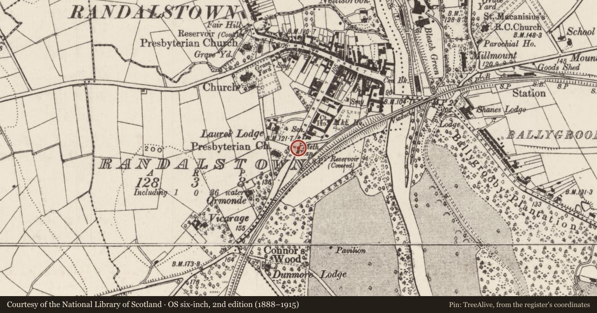 Ordnance Survey six-inch map, 2nd edition (1888–1915) covering the location of Garage ('New Street Garages'), Randalstown, Antrim and Newtownabbey, with a pin at the register's coordinates