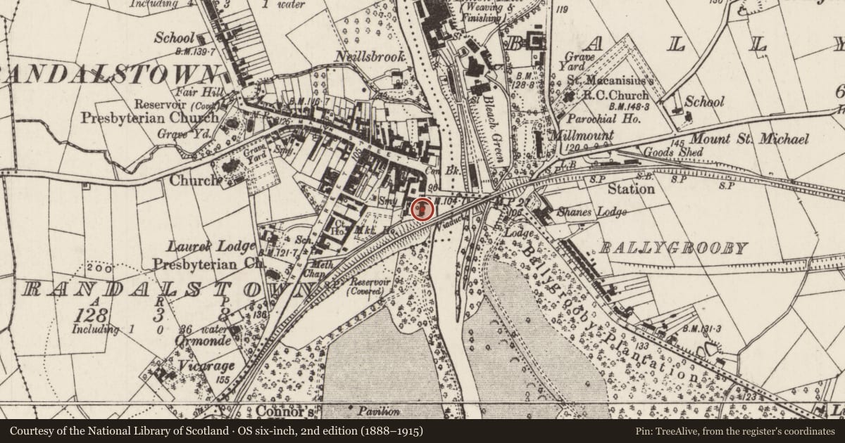 Ordnance Survey six-inch map, 2nd edition (1888–1915) covering the location of 1 Parade Ground, Randalstown, Antrim and Newtownabbey, with a pin at the register's coordinates